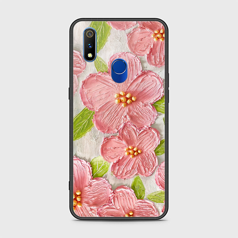 Realme 3 Pro Cover - Floral Series - Design 9 - Pink & Green - HQ Ultra Shine Premium Infinity Glass Soft Silicon Borders Case