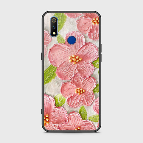 Realme 3 Cover - Floral Series - Design 9 - Pink & Green - HQ Ultra Shine Premium Infinity Glass Soft Silicon Borders Case