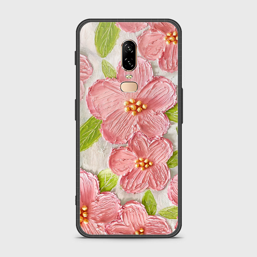 OnePlus 6 Cover - Floral Series - Design 9 - Pink & Green - HQ Ultra Shine Premium Infinity Glass Soft Silicon Borders Case