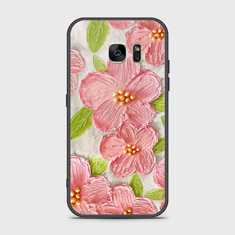 Samsung Galaxy S7 Cover - Floral Series - Design 9 - Pink & Green - HQ Ultra Shine Premium Infinity Glass Soft Silicon Borders Case