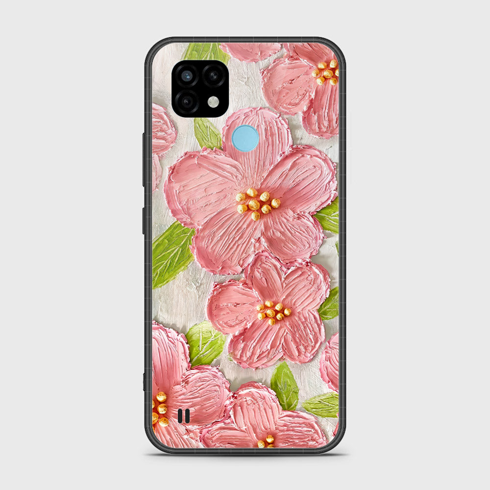 Realme C21 Cover - Floral Series - Design 9 - Pink & Green - HQ Ultra Shine Premium Infinity Glass Soft Silicon Borders Case