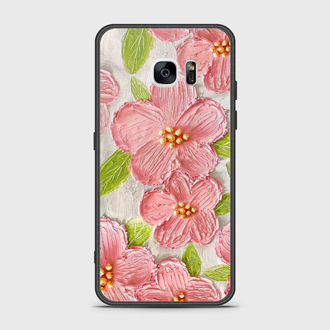 Samsung Galaxy S7 Edge Cover - Floral Series - Design 9 - Pink & Green - HQ Ultra Shine Premium Infinity Glass Soft Silicon Borders Case