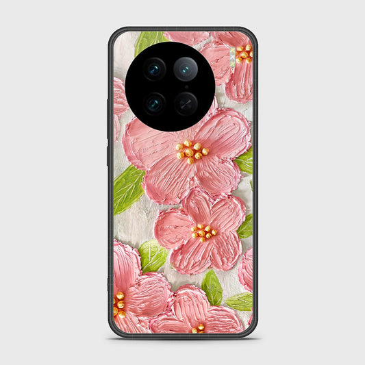 Vivo X90 Pro Cover - Floral Series - Design 9 - Pink & Green - HQ Ultra Shine Premium Infinity Glass Soft Silicon Borders Case