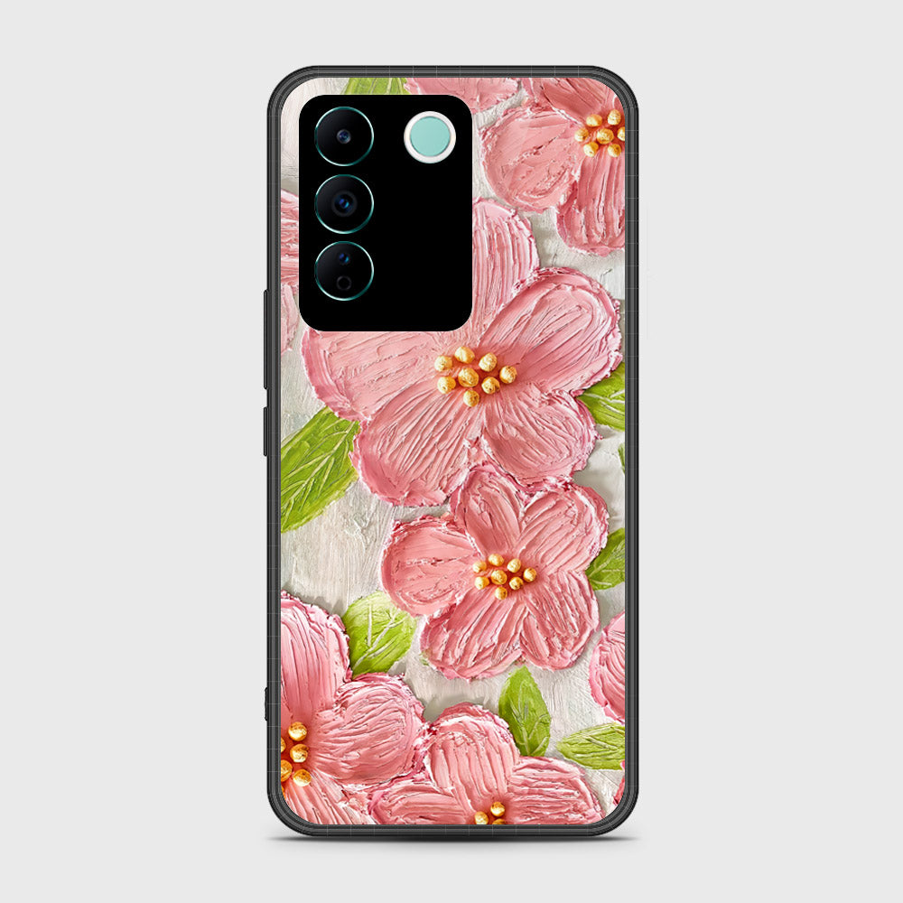 Vivo V27e Cover - Floral Series - Design 9 - Pink & Green - HQ Ultra Shine Premium Infinity Glass Soft Silicon Borders Case