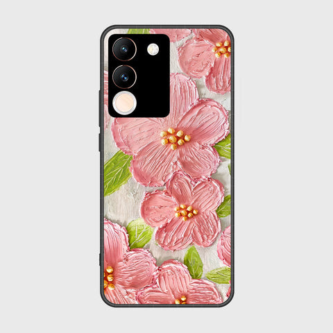 Vivo V29e Cover - Floral Series - Design 9 - Pink & Green - HQ Ultra Shine Premium Infinity Glass Soft Silicon Borders Case