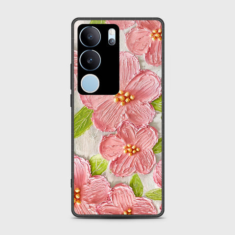 Vivo V29 Cover - Floral Series - Design 9 - Pink & Green - HQ Ultra Shine Premium Infinity Glass Soft Silicon Borders Case