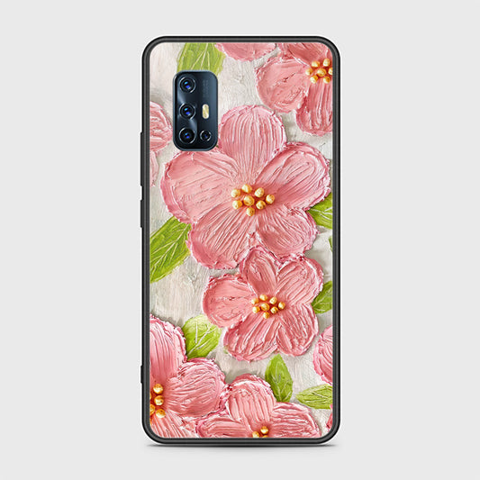 Vivo V17 Cover - Floral Series - Design 9 - Pink & Green - HQ Ultra Shine Premium Infinity Glass Soft Silicon Borders Case