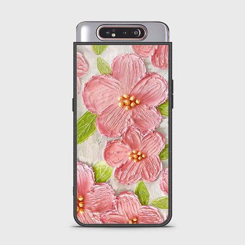 Samsung Galaxy A80 Cover - Floral Series - Design 9 - Pink & Green - HQ Ultra Shine Premium Infinity Glass Soft Silicon Borders Case