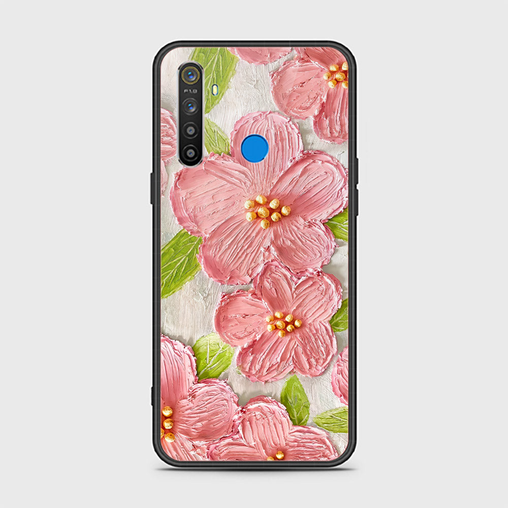 Realme 5 Cover - Floral Series - Design 9 - Pink & Green - HQ Ultra Shine Premium Infinity Glass Soft Silicon Borders Case