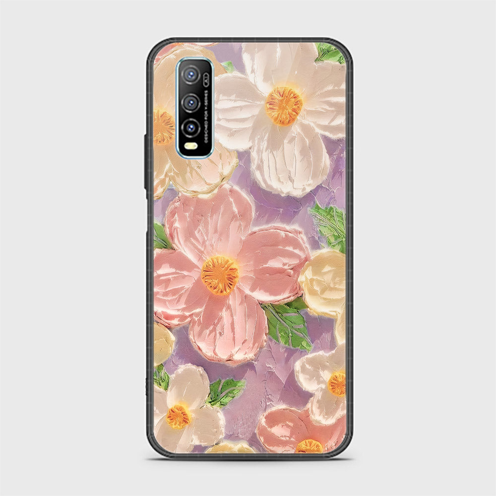 Vivo Y70s Cover - Floral Series - Design 11 - White & Green - HQ Ultra Shine Premium Infinity Glass Soft Silicon Borders Case