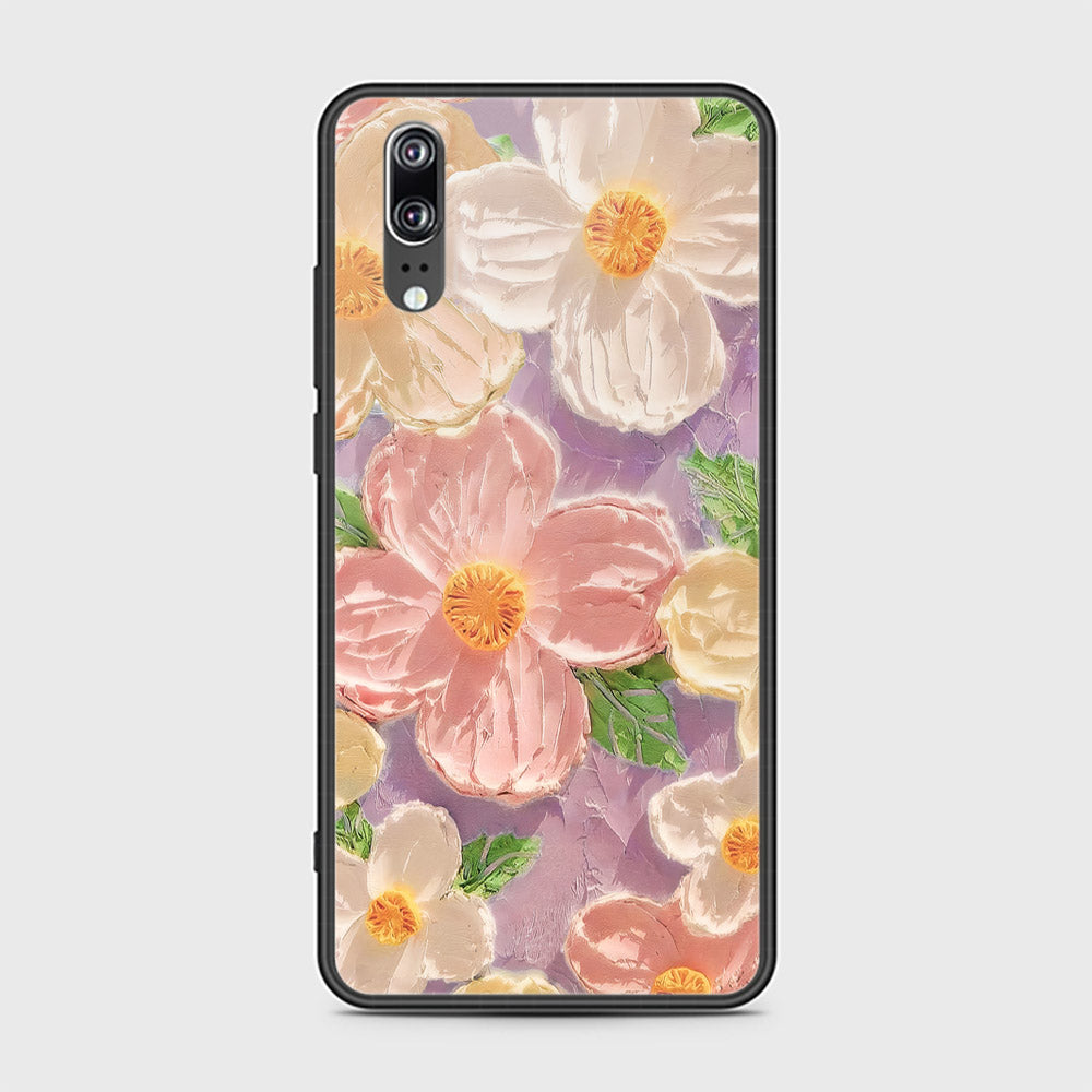 Huawei P20 Cover - Floral Series - Design 11 - White & Green - HQ Ultra Shine Premium Infinity Glass Soft Silicon Borders Case