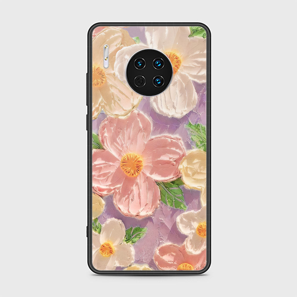 Huawei Mate 30 Cover - Floral Series - Design 11 - White & Green - HQ Ultra Shine Premium Infinity Glass Soft Silicon Borders Case