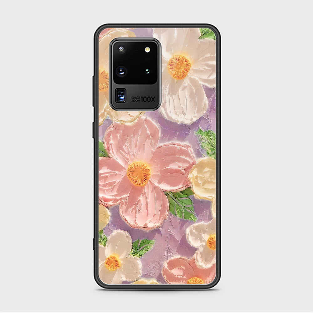 Samsung Galaxy S20 Ultra Cover - Floral Series - Design 11 - White & Green - HQ Ultra Shine Premium Infinity Glass Soft Silicon Borders Case