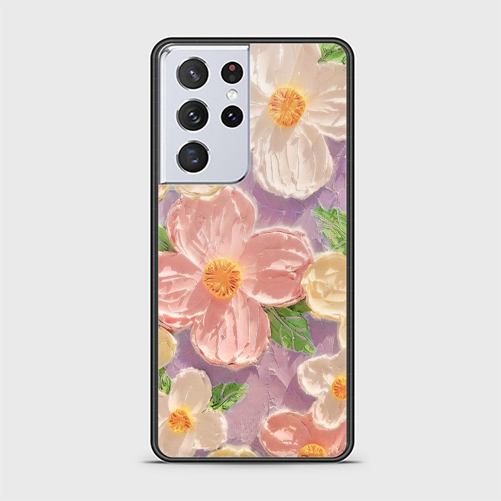 Samsung Galaxy S21 Ultra 5G Cover - Floral Series - Design 11 - White & Green - HQ Ultra Shine Premium Infinity Glass Soft Silicon Borders Case