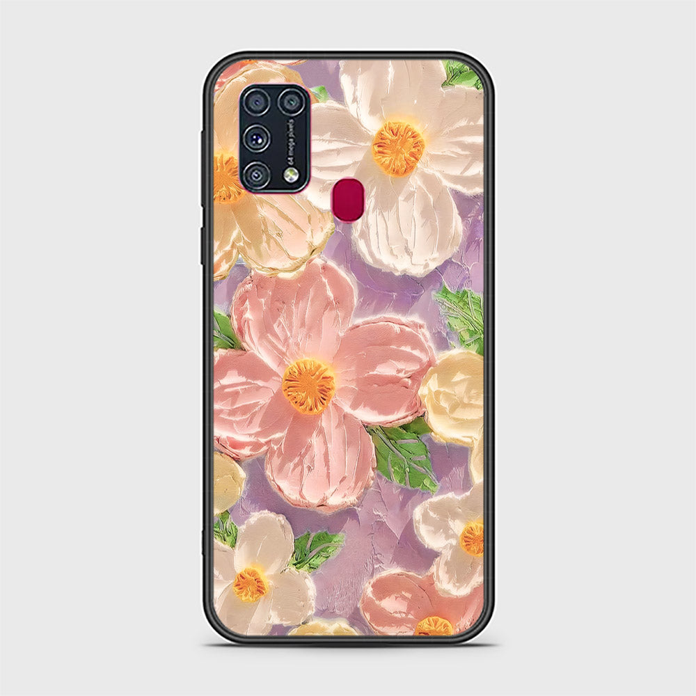 Samsung Galaxy M31 Cover - Floral Series - Design 11 - White & Green - HQ Ultra Shine Premium Infinity Glass Soft Silicon Borders Case