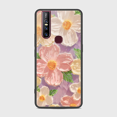 Vivo V15 Cover - Floral Series - Design 11 - White & Green - HQ Ultra Shine Premium Infinity Glass Soft Silicon Borders Case