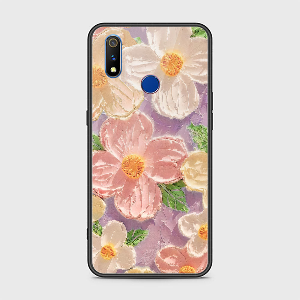 Realme 3 Cover - Floral Series - Design 11 - White & Green - HQ Ultra Shine Premium Infinity Glass Soft Silicon Borders Case