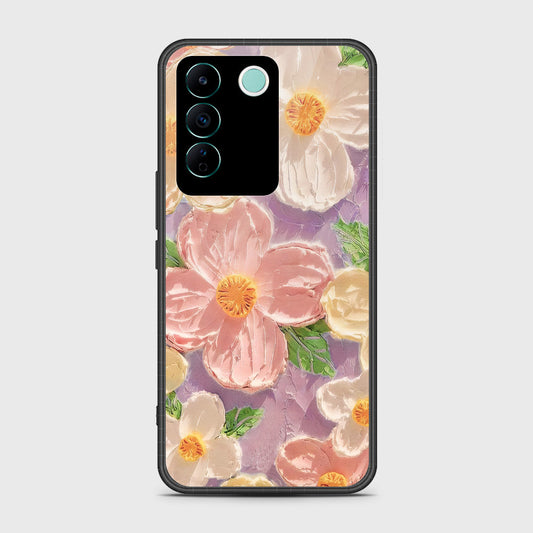 Vivo V27e Cover - Floral Series - Design 11 - White & Green - HQ Ultra Shine Premium Infinity Glass Soft Silicon Borders Case