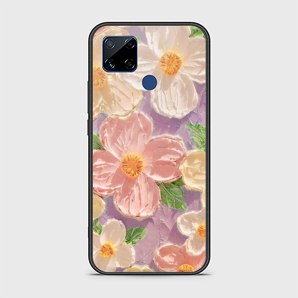 Realme C15 Cover - Floral Series - Design 11 - White & Green - HQ Ultra Shine Premium Infinity Glass Soft Silicon Borders Case