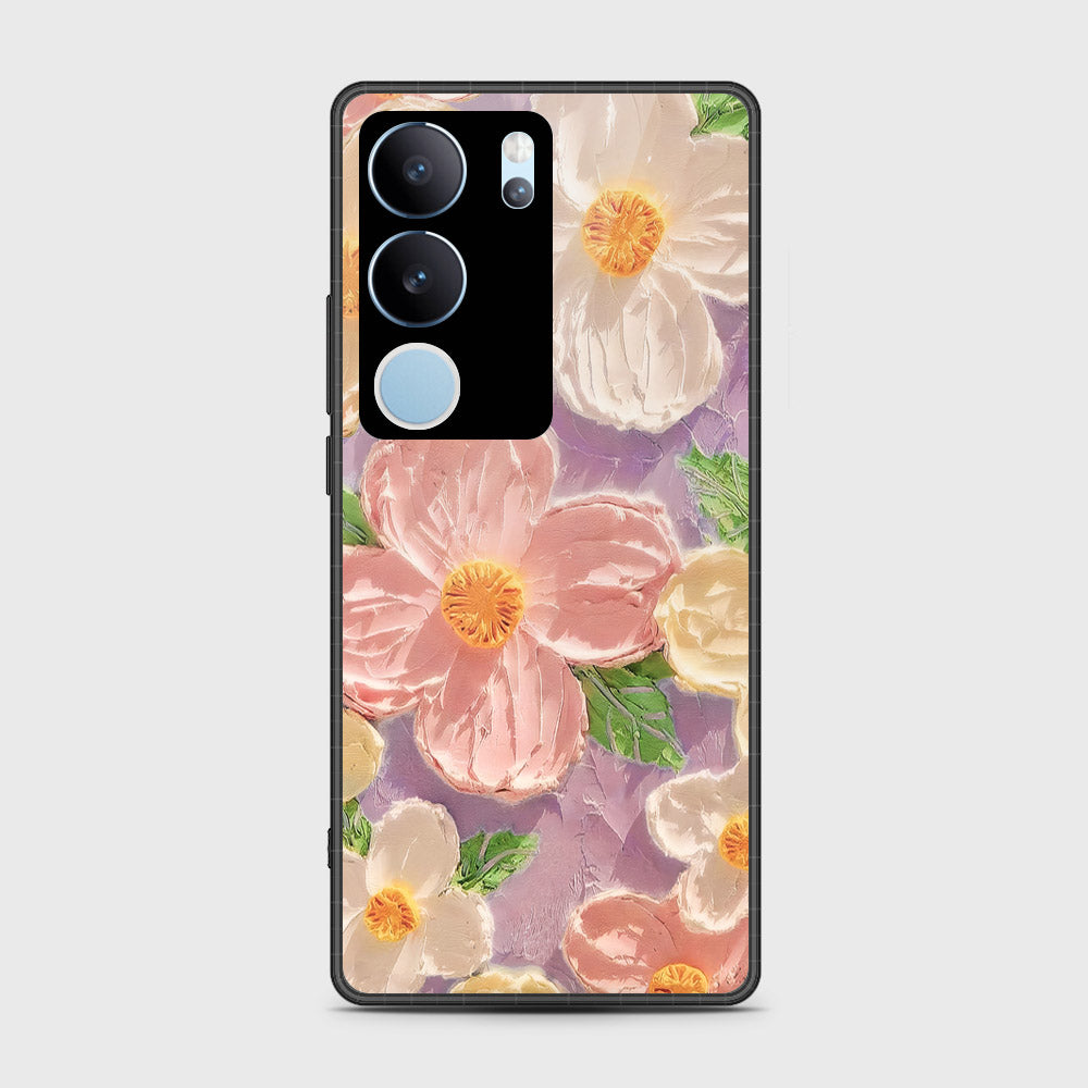 Vivo V29 Cover - Floral Series - Design 11 - White & Green - HQ Ultra Shine Premium Infinity Glass Soft Silicon Borders Case