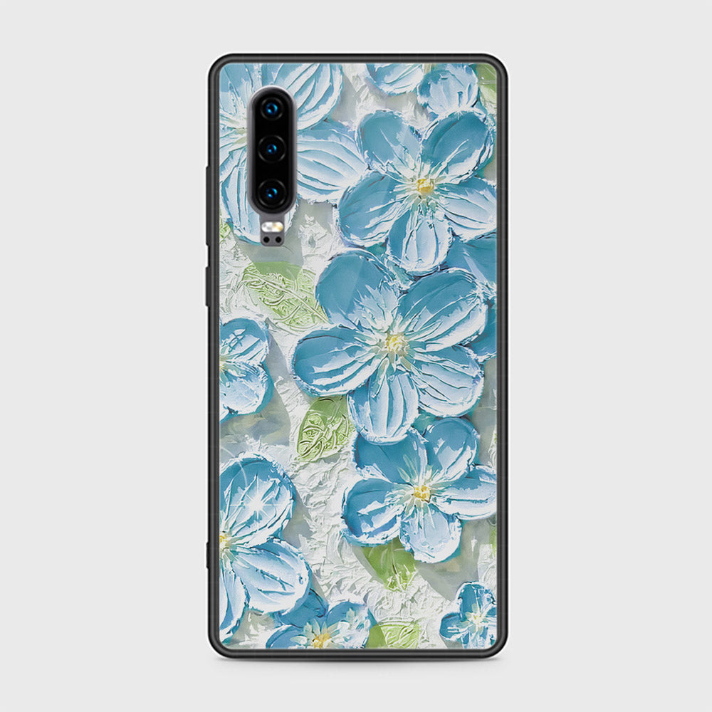 Huawei P30 Cover - Floral Series - Design 12 - Grey & Green - HQ Ultra Shine Premium Infinity Glass Soft Silicon Borders Case