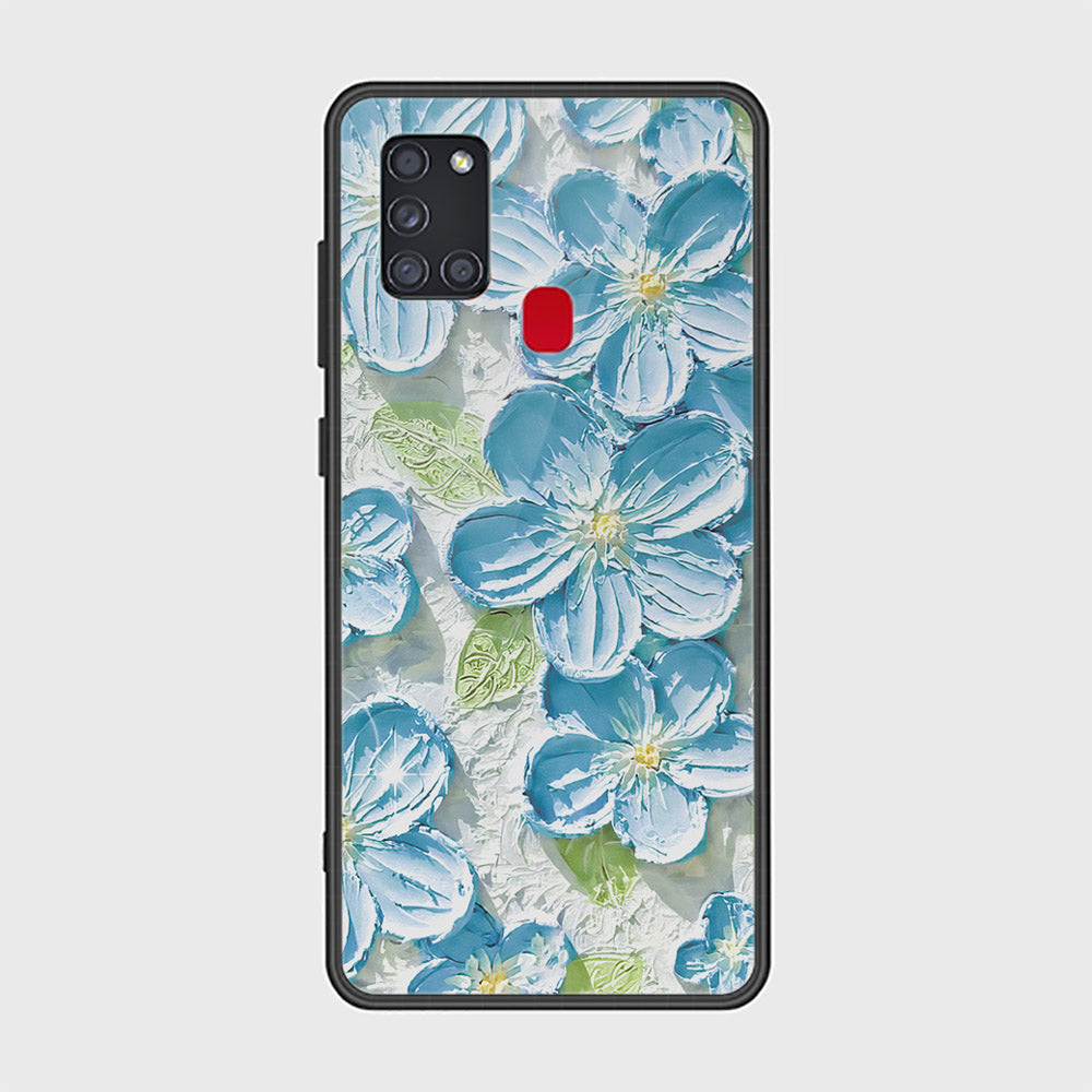 Samsung Galaxy A21s Cover - Floral Series - Design 12 - Grey & Green - HQ Ultra Shine Premium Infinity Glass Soft Silicon Borders Case