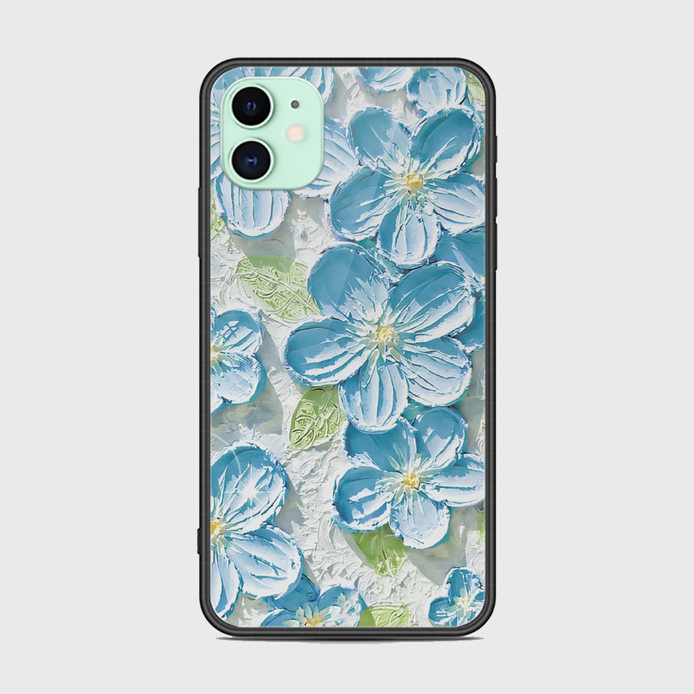 iPhone 11 Cover - Floral Series - Design 12 - Grey & Green - HQ Ultra Shine Premium Infinity Glass Soft Silicon Borders Case