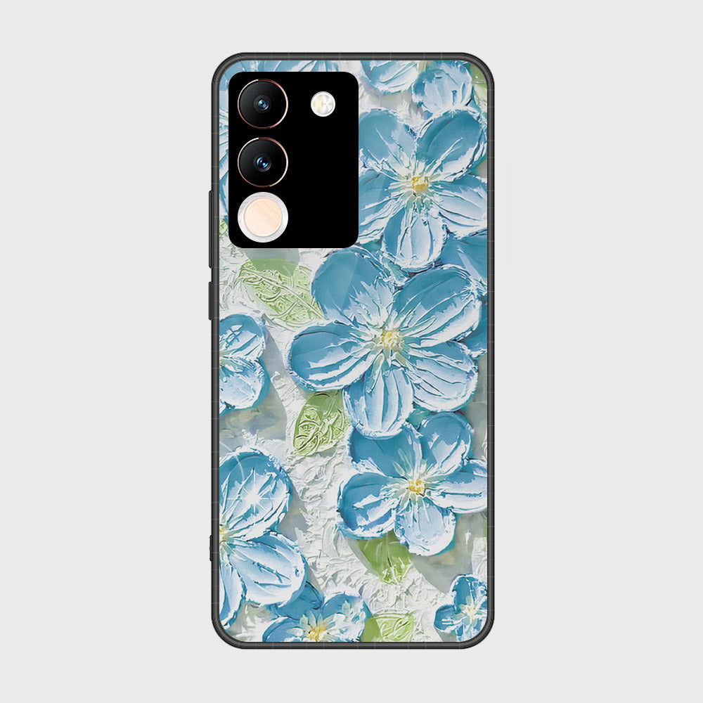 Vivo V29e Cover - Floral Series - Design 12 - Grey & Green - HQ Ultra Shine Premium Infinity Glass Soft Silicon Borders Case