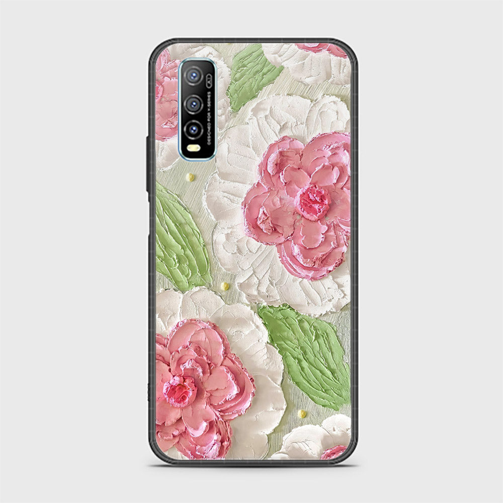 Vivo Y70s Cover - Floral Series - Design 13 - Offwhite & Green - HQ Ultra Shine Premium Infinity Glass Soft Silicon Borders Case