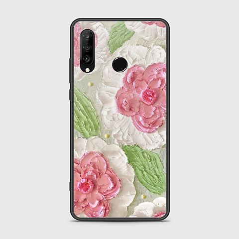 Huawei P30 lite Cover - Floral Series - Design 13 - Offwhite & Green - HQ Ultra Shine Premium Infinity Glass Soft Silicon Borders Case