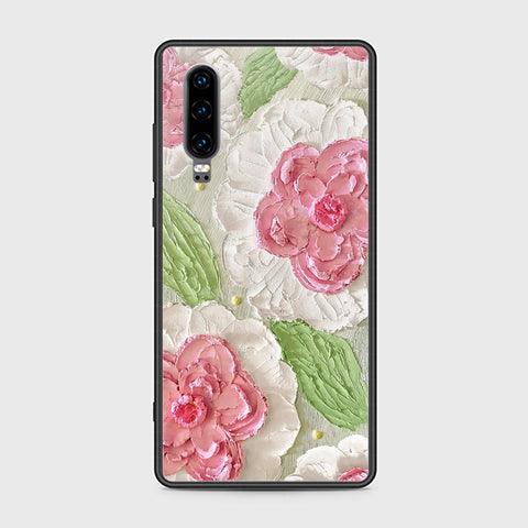 Huawei P30 Cover - Floral Series - Design 13 - Offwhite & Green - HQ Ultra Shine Premium Infinity Glass Soft Silicon Borders Case