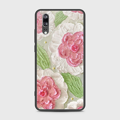 Huawei P20 Cover - Floral Series - Design 13 - Offwhite & Green - HQ Ultra Shine Premium Infinity Glass Soft Silicon Borders Case