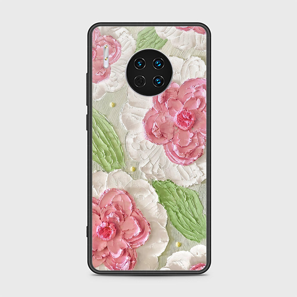 Huawei Mate 30 Cover - Floral Series - Design 13 - Offwhite & Green - HQ Ultra Shine Premium Infinity Glass Soft Silicon Borders Case