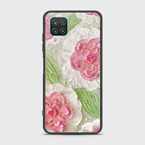 Samsung Galaxy A12 Cover - Floral Series - Design 13 - Offwhite & Green - HQ Ultra Shine Premium Infinity Glass Soft Silicon Borders Case