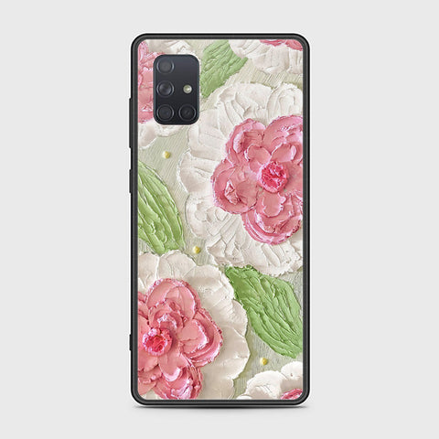 Samsung Galaxy A71 Cover - Floral Series - Design 13 - Offwhite & Green - HQ Ultra Shine Premium Infinity Glass Soft Silicon Borders Case