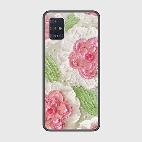 Samsung Galaxy A51 Cover - Floral Series - Design 13 - Offwhite & Green - HQ Ultra Shine Premium Infinity Glass Soft Silicon Borders Case