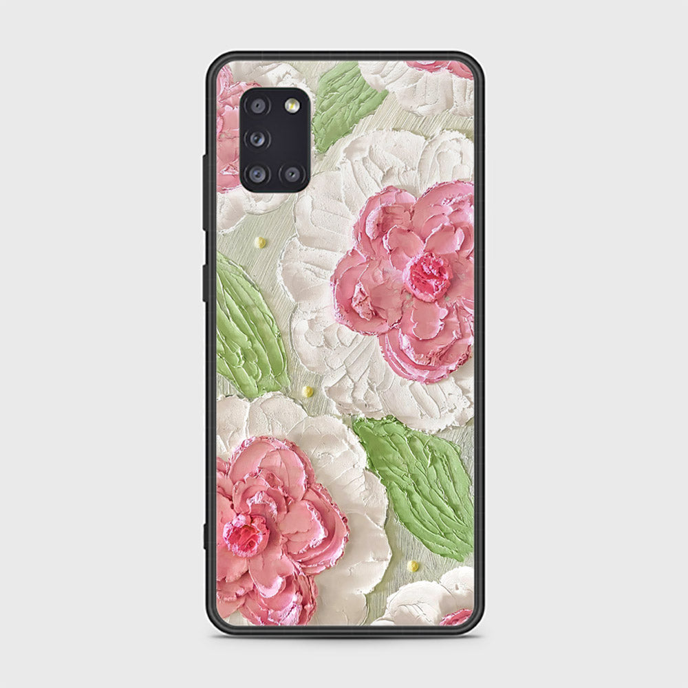 Samsung Galaxy A31 Cover - Floral Series - Design 13 - Offwhite & Green - HQ Ultra Shine Premium Infinity Glass Soft Silicon Borders Case