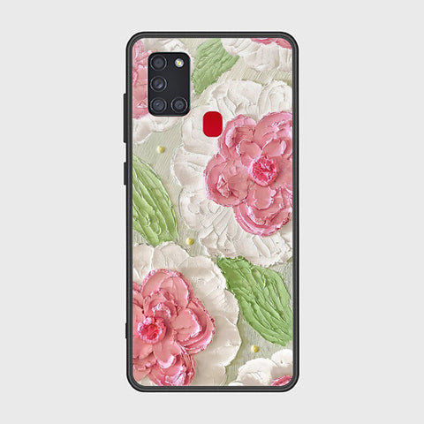 Samsung Galaxy A21s Cover - Floral Series - Design 13 - Offwhite & Green - HQ Ultra Shine Premium Infinity Glass Soft Silicon Borders Case