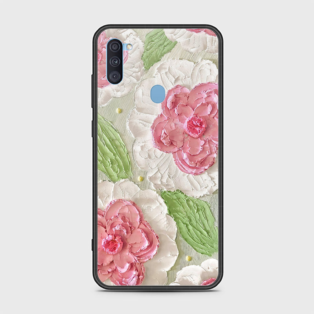 Samsung Galaxy M11 Cover - Floral Series - Design 13 - Offwhite & Green - HQ Ultra Shine Premium Infinity Glass Soft Silicon Borders Case