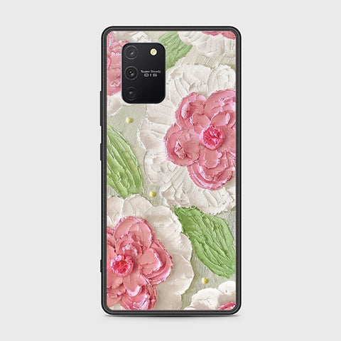 Samsung Galaxy A91 Cover - Floral Series - Design 13 - Offwhite & Green - HQ Ultra Shine Premium Infinity Glass Soft Silicon Borders Case