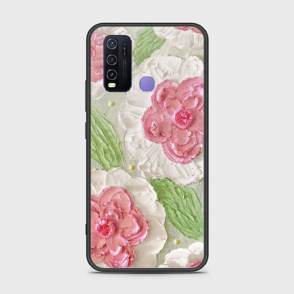 Vivo Y30 Cover - Floral Series - Design 13 - Offwhite & Green - HQ Ultra Shine Premium Infinity Glass Soft Silicon Borders Case