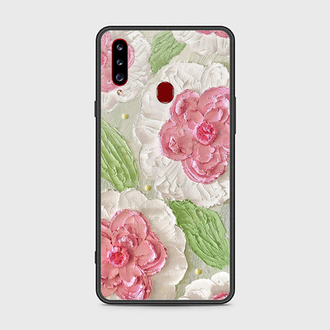 Samsung Galaxy A20s Cover - Floral Series - Design 13 - Offwhite & Green - HQ Ultra Shine Premium Infinity Glass Soft Silicon Borders Case