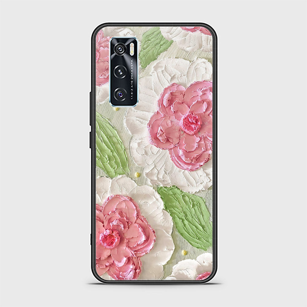 Vivo V20 SE Cover - Floral Series - Design 13 - Offwhite & Green - HQ Ultra Shine Premium Infinity Glass Soft Silicon Borders Case