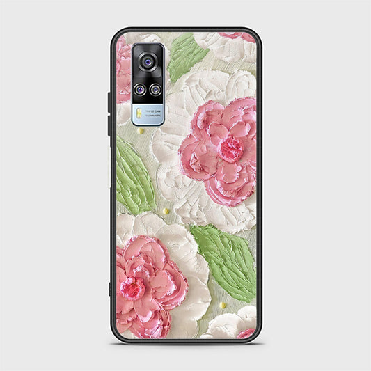 Vivo Y51 (2020 December) Cover - Floral Series - Design 13 - Offwhite & Green - HQ Ultra Shine Premium Infinity Glass Soft Silicon Borders Case