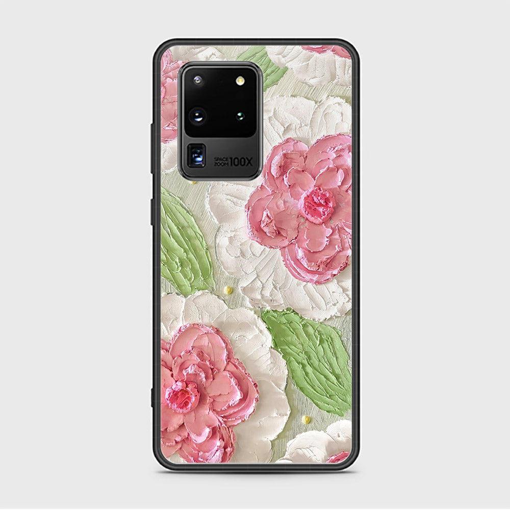 Samsung Galaxy S20 Ultra Cover - Floral Series - Design 13 - Offwhite & Green - HQ Ultra Shine Premium Infinity Glass Soft Silicon Borders Case