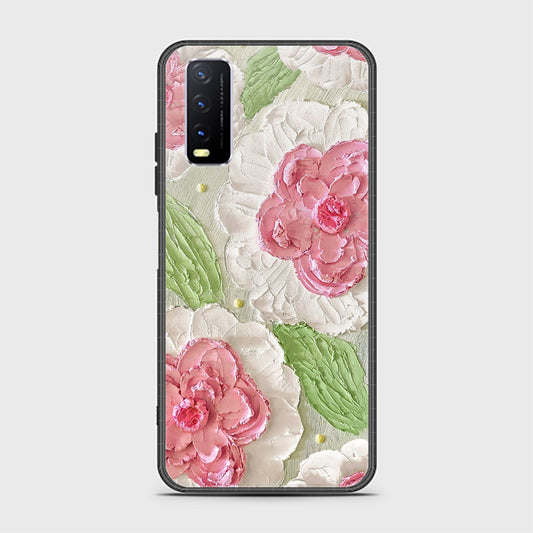 Vivo Y20s Cover - Floral Series - Design 13 - Offwhite & Green - HQ Ultra Shine Premium Infinity Glass Soft Silicon Borders Case