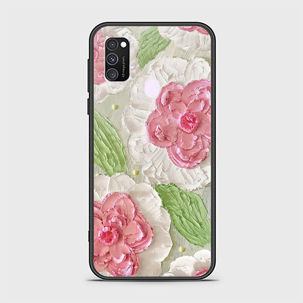 Samsung Galaxy M30s Cover - Floral Series - Design 13 - Offwhite & Green - HQ Ultra Shine Premium Infinity Glass Soft Silicon Borders Case