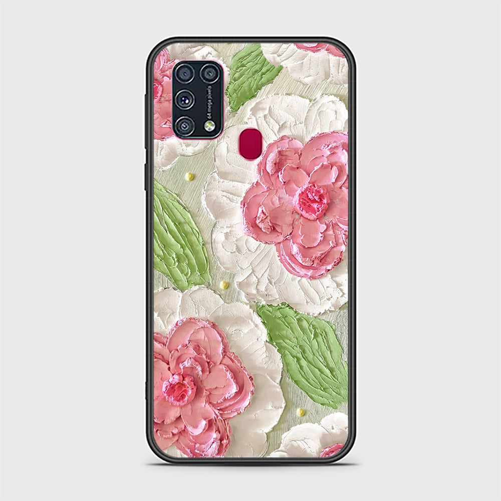 Samsung Galaxy M31 Cover - Floral Series - Design 13 - Offwhite & Green - HQ Ultra Shine Premium Infinity Glass Soft Silicon Borders Case