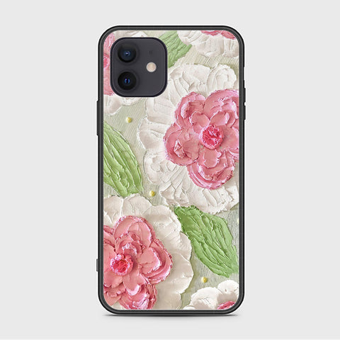 iPhone 12 Cover - Floral Series - Design 13 - Offwhite & Green - HQ Ultra Shine Premium Infinity Glass Soft Silicon Borders Case