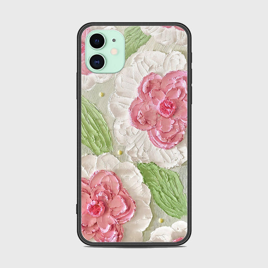 iPhone 11 Cover - Floral Series - Design 13 - Offwhite & Green - HQ Ultra Shine Premium Infinity Glass Soft Silicon Borders Case